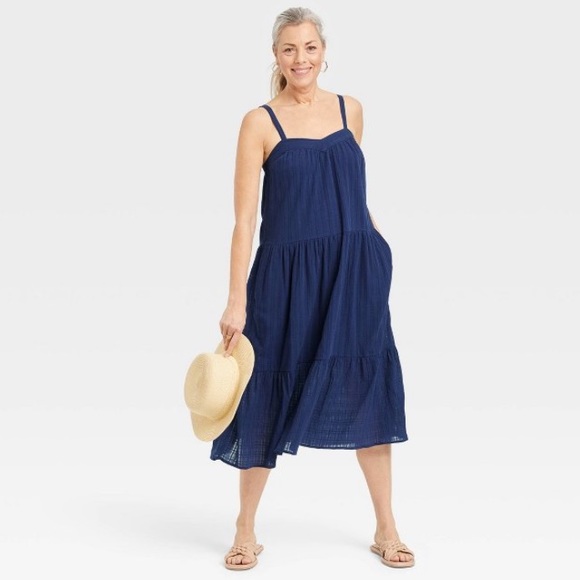 Knox Rose Dresses & Skirts - Knox Rose Dress Large Sleeveless A Line Pockets Adj. Straps Cotton Navy Blue NWT